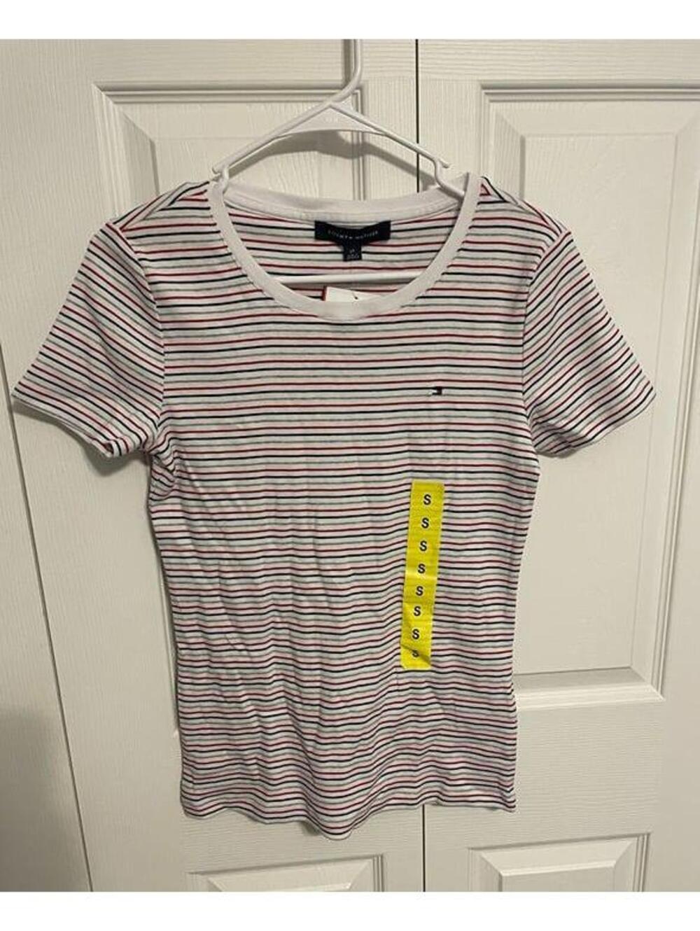 Tommy Hilfiger Women's Striped Short Sleeve T-Shirt White Navy Red Size Small